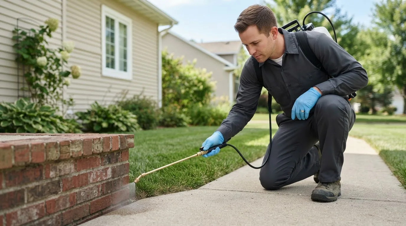 Pest control technician treating a home near Dows, IA