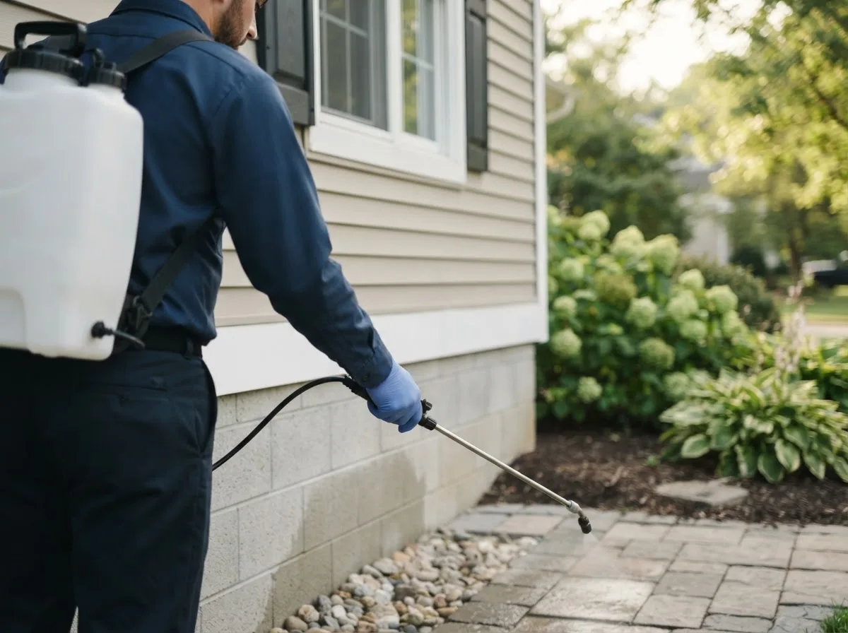 Pest control technician inspecting a home in Dows, IA